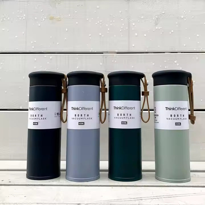 450ml matt double wall vacuum flask with leather handle